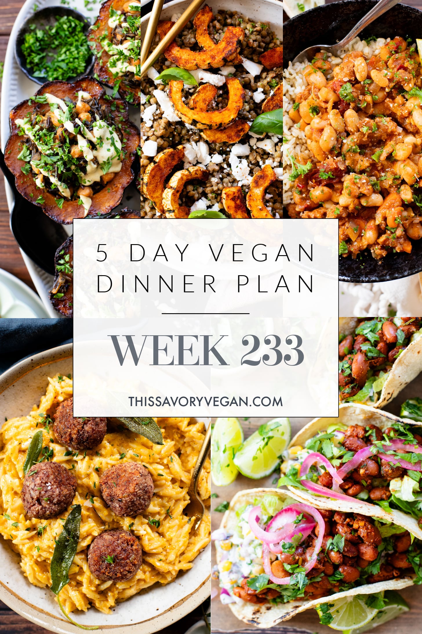 Not sure what to make for dinner this week? I have you covered with 5 simple & delicious vegan dinner ideas! | Vegan Dinner Plan #233 | ThisSavoryVegan.com #dinnerplan #veganmealprep #vegandinnerplan