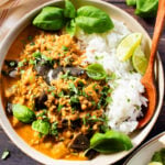 This Simple Eggplant Lentil Curry is made in one-pot with a red curry coconut broth. A flavor-packed and delicious vegan dinner idea | ThisSavoryVegan.com #thissavoryvegan #lentilcurry #vegancurry