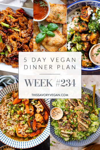 Not sure what to make for dinner this week? I have you covered with 5 simple & delicious vegan dinner ideas! | Vegan Dinner Plan #234 | ThisSavoryVegan.com #dinnerplan #veganmealprep #vegandinnerplan