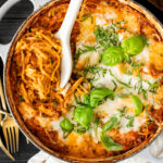 This Baked Spaghetti Bolognese is a one-pot vegan dinner that is comfort food at its best! Creamy pasta topped with melty vegan cheese | ThisSavoryVegan.com #pastabake #veganpasta #thissavoryvegan