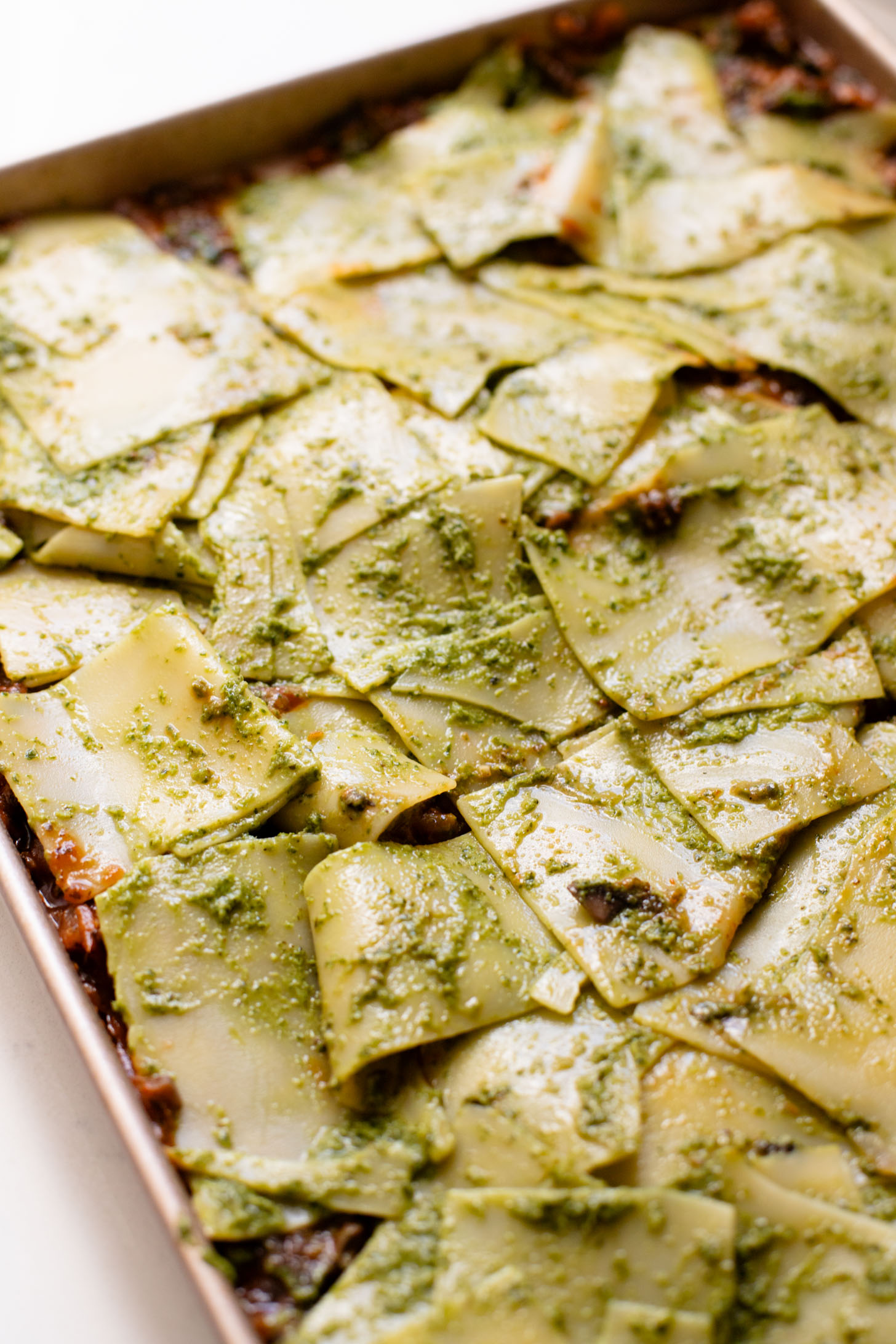 This Pesto Mushroom Sheet Pan Lasagna takes the work out of lasagna. A dairy-free lasagna recipe that doesn't skip on flavor | ThisSavoryVegan.com #thissavoryvegan #veganlasagna #veganpesto