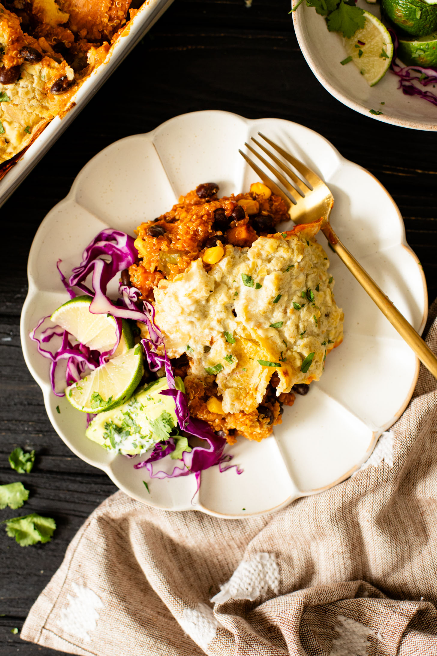 This Sweet Potato Quinoa Enchilada Bake is a simple weeknight dinner idea that is plant-based, easy and totally delicious | ThisSavoryVegan.com #thissavoryvegan #weeknightdinners #enchiladacasserole