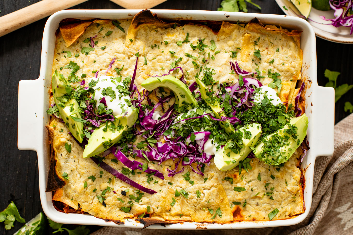 This Sweet Potato Quinoa Enchilada Bake is a simple weeknight dinner idea that is plant-based, easy and totally delicious | ThisSavoryVegan.com #thissavoryvegan #weeknightdinners #enchiladacasserole