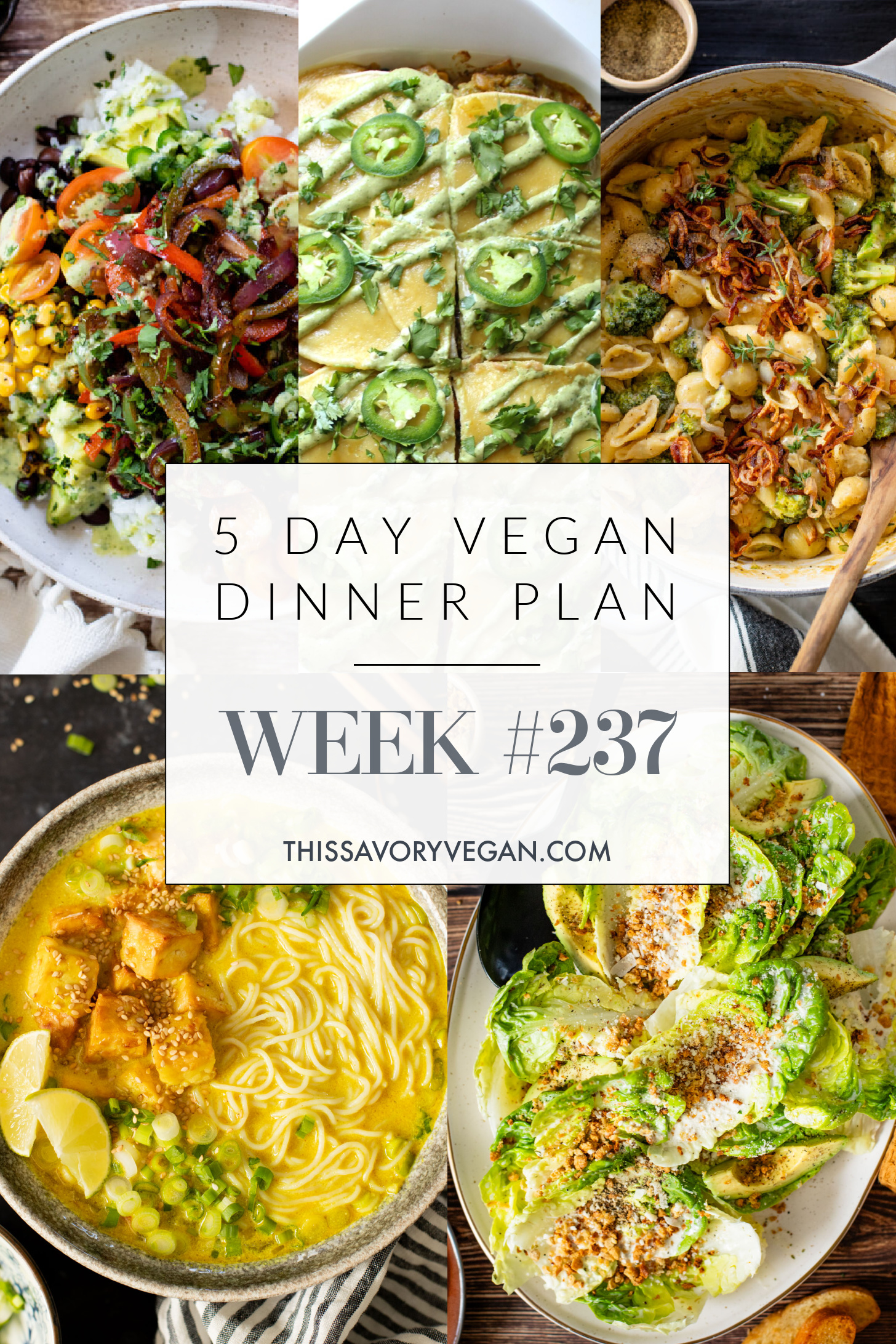 Not sure what to make for dinner this week? I have you covered with 5 simple & delicious vegan dinner ideas! | Vegan Dinner Plan #237 | ThisSavoryVegan.com #dinnerplan #veganmealprep #vegandinnerplan
