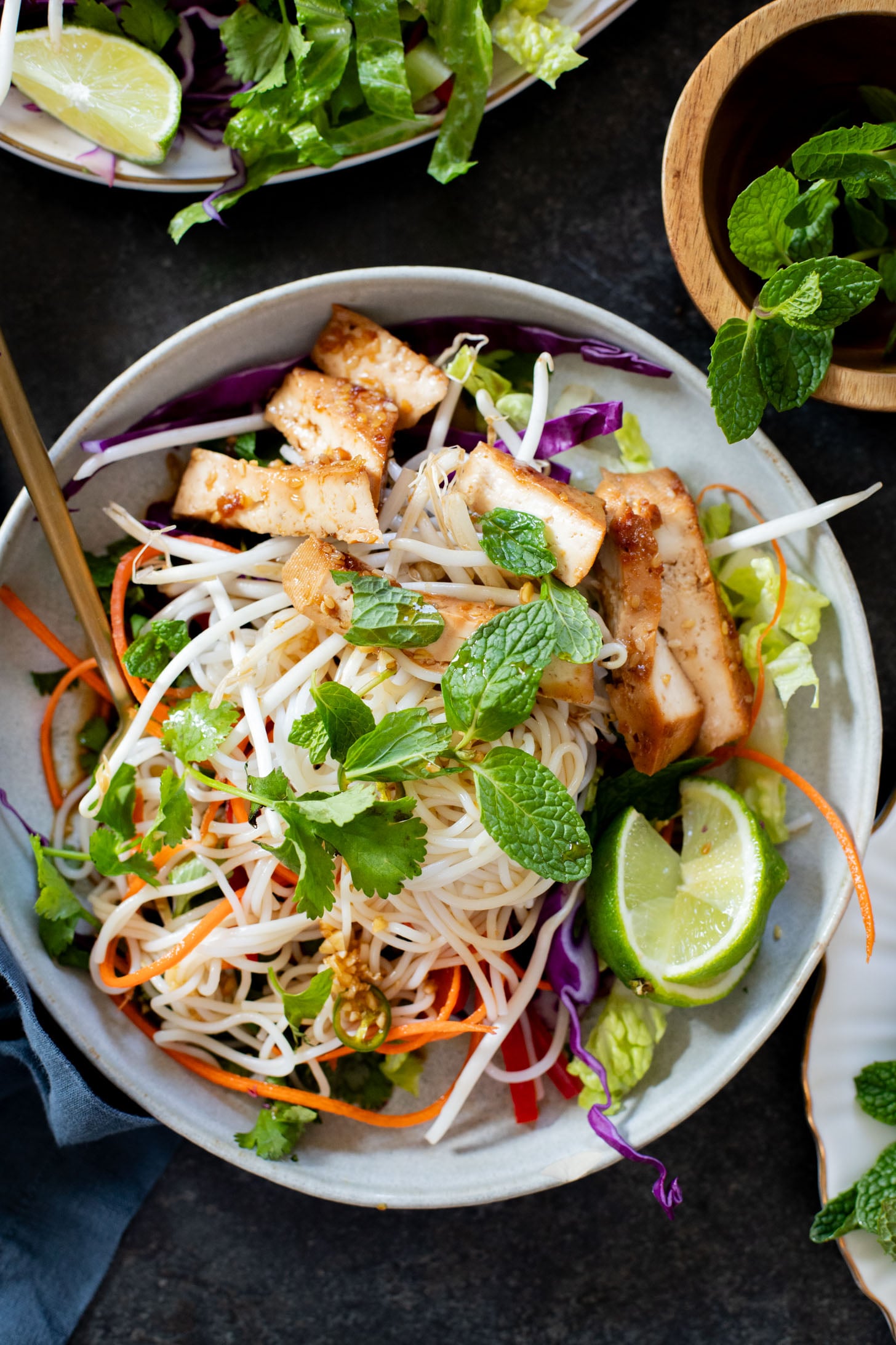 This Teriyaki Tofu & Rice Noodle Salad is the perfect healthy lunch or dinner recipe. Loaded with veggies, noodles and crispy tofu | ThisSavoryVegan.com #thissavoryvegan #noodlesalad #coldnoodlesalad