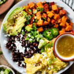 These Vegan Breakfast Bowls are healthy & delicious. Made with Just eggs, roasted sweet potatoes, black beans & avocado | ThisSavoryVegan.com #thissavoryvegan #veganbreakfastrecipes #healthybreakfast