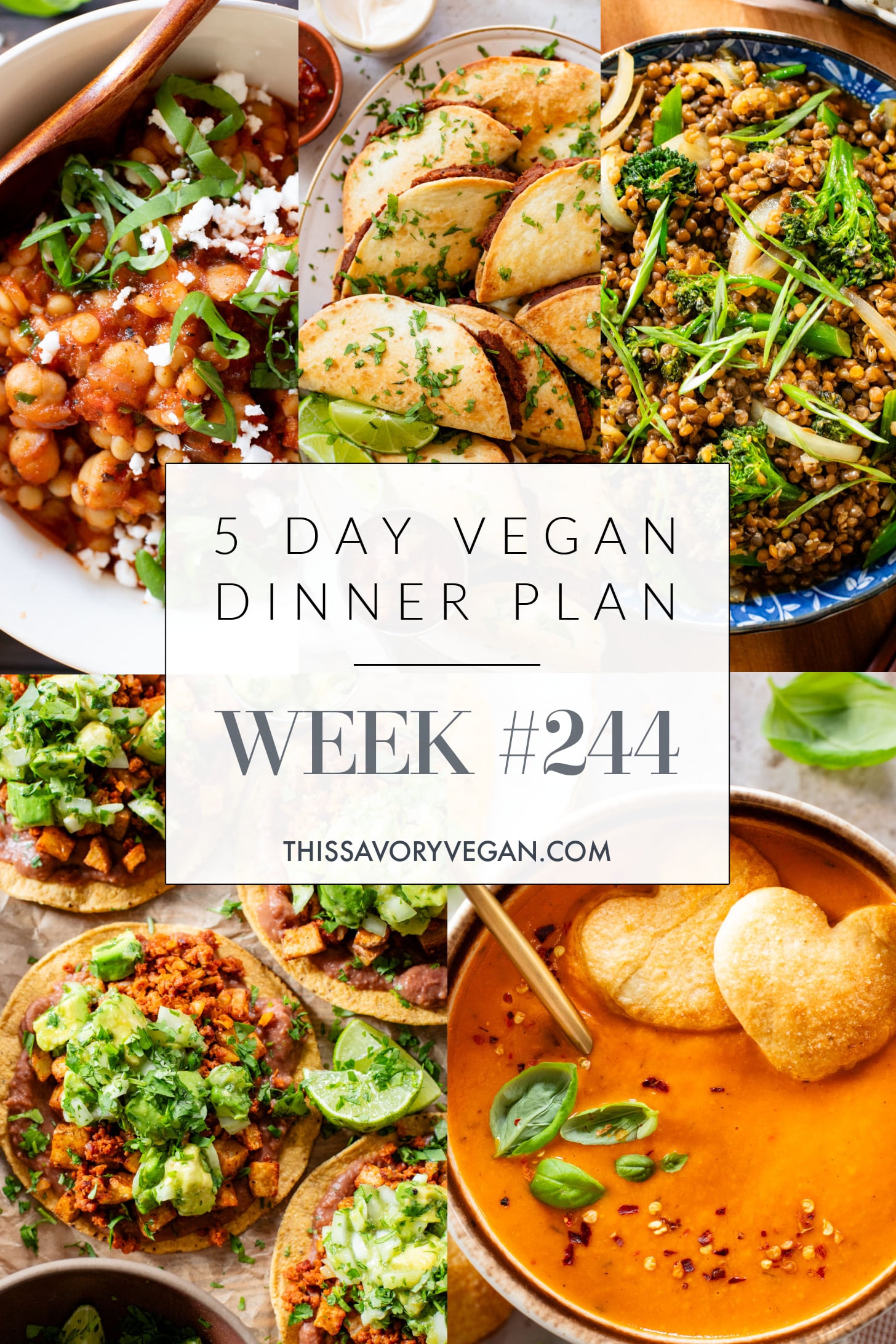 Not sure what to make for dinner this week? I have you covered with 5 simple & delicious vegan dinner ideas! | Vegan Dinner Plan #244 | ThisSavoryVegan.com #dinnerplan #veganmealprep #vegandinnerplan