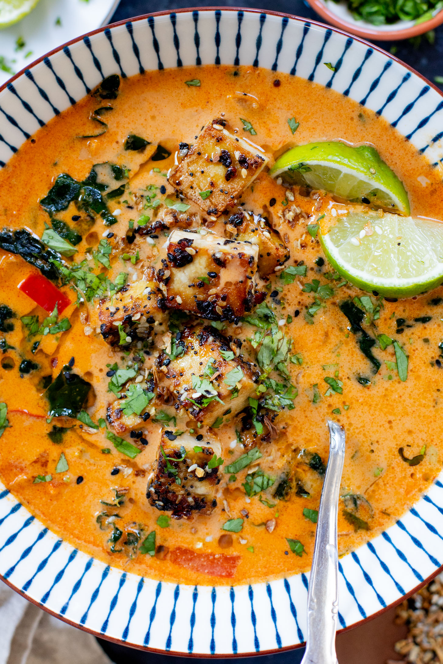 This Red Curry Peanut Soup with Sesame Crusted Tofu is made with a coconut broth, filled with veggies and finished with crispy tofu | ThisSavoryVegan.com #thissavoryvegan #tofurecipes #peanutsoup