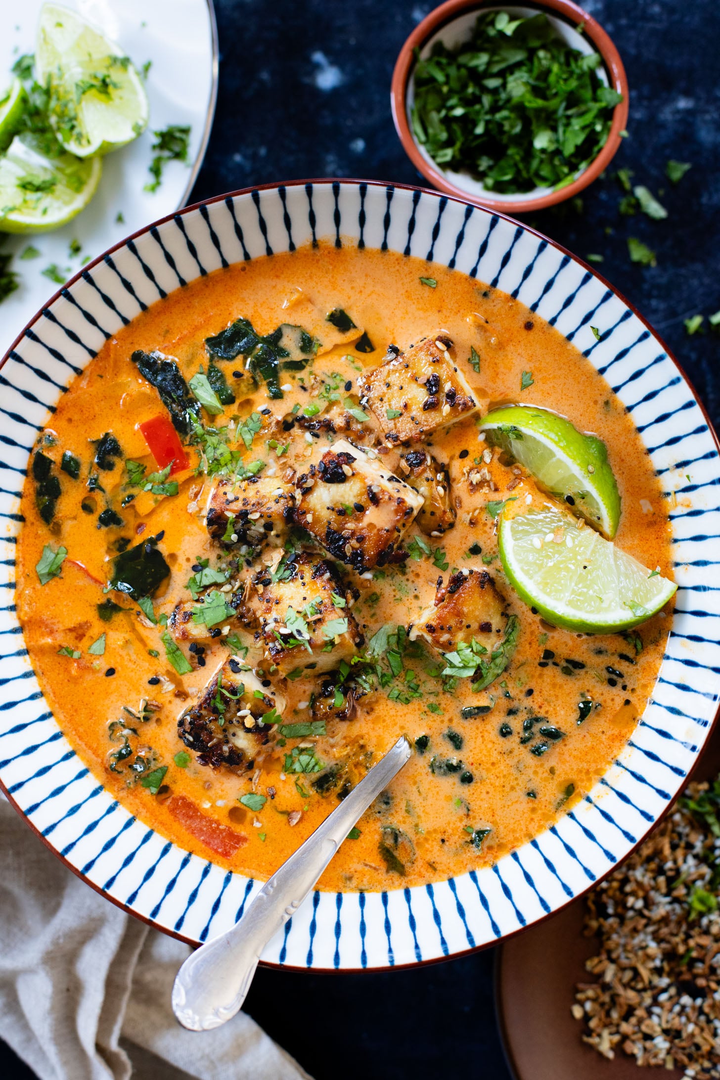 This Red Curry Peanut Soup with Sesame Crusted Tofu is made with a coconut broth, filled with veggies and finished with crispy tofu | ThisSavoryVegan.com #thissavoryvegan #tofurecipes #peanutsoup