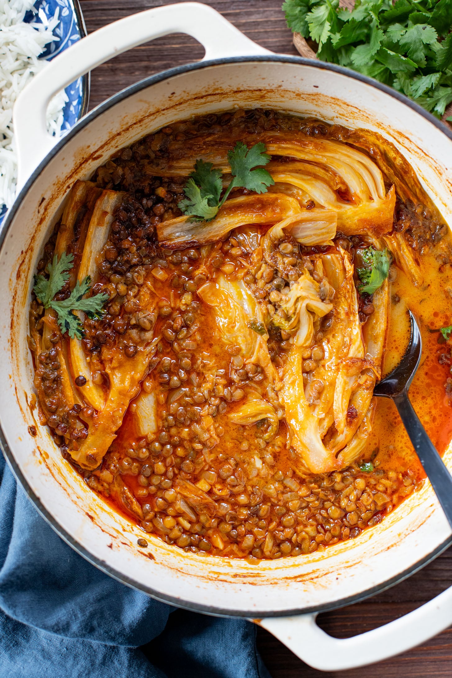 This Braised Cabbage & Lentils recipe is perfection! Napa cabbage is cooked in a coconut curry sauce with lentils until super tender | ThisSavoryVegan.com #thissavoryvegan #napacabbagerecipes #cozyveganrecipes