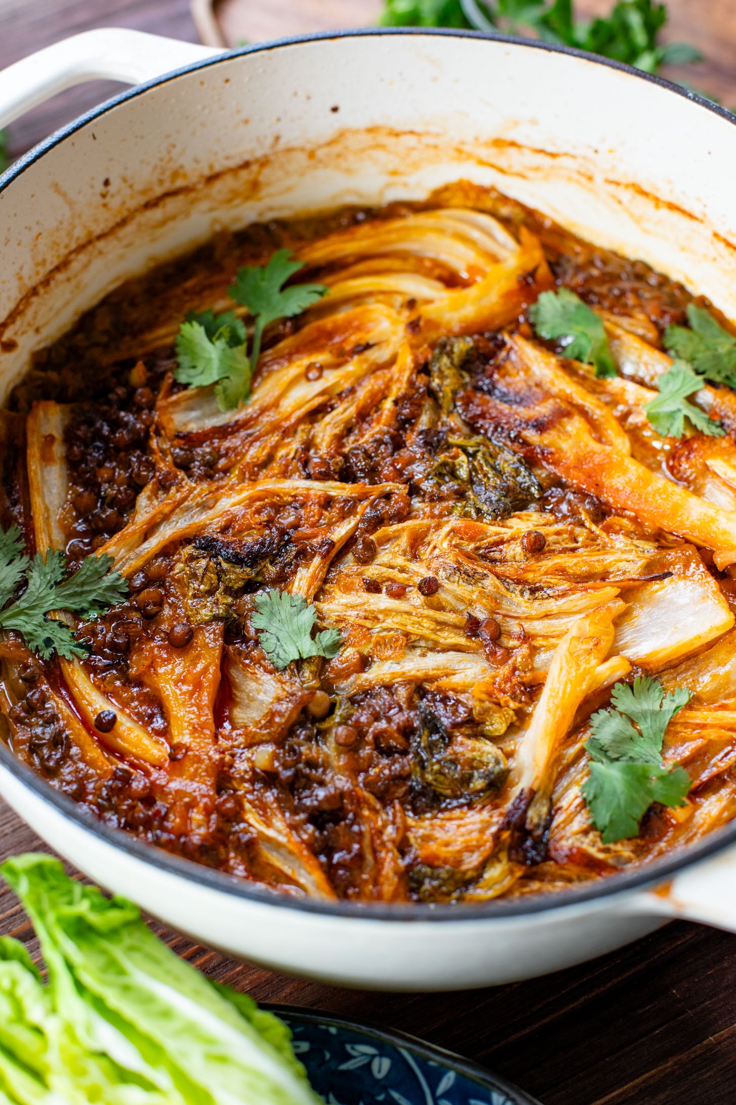 This Braised Cabbage & Lentils recipe is perfection! Napa cabbage is cooked in a coconut curry sauce with lentils until super tender | ThisSavoryVegan.com #thissavoryvegan #napacabbagerecipes #cozyveganrecipes
