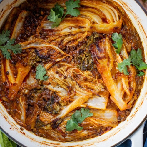 This Braised Cabbage & Lentils recipe is perfection! Napa cabbage is cooked in a coconut curry sauce with lentils until super tender | ThisSavoryVegan.com #thissavoryvegan #napacabbagerecipes #cozyveganrecipes