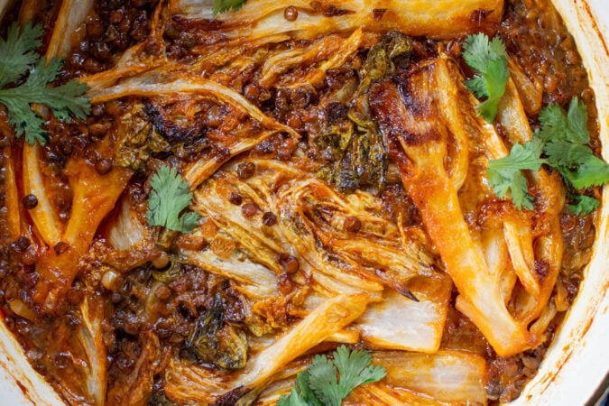 This Braised Cabbage & Lentils recipe is perfection! Napa cabbage is cooked in a coconut curry sauce with lentils until super tender | ThisSavoryVegan.com #thissavoryvegan #napacabbagerecipes #cozyveganrecipes
