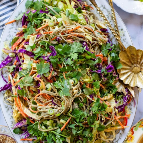 This Cold Peanut Noodle Salad is loaded with crunchy veggies, tender soba noodles and the BEST peanut sauce you've ever had | ThisSavoryVegan.com #thissavoryvegan #coldnoodles #peanutsalad