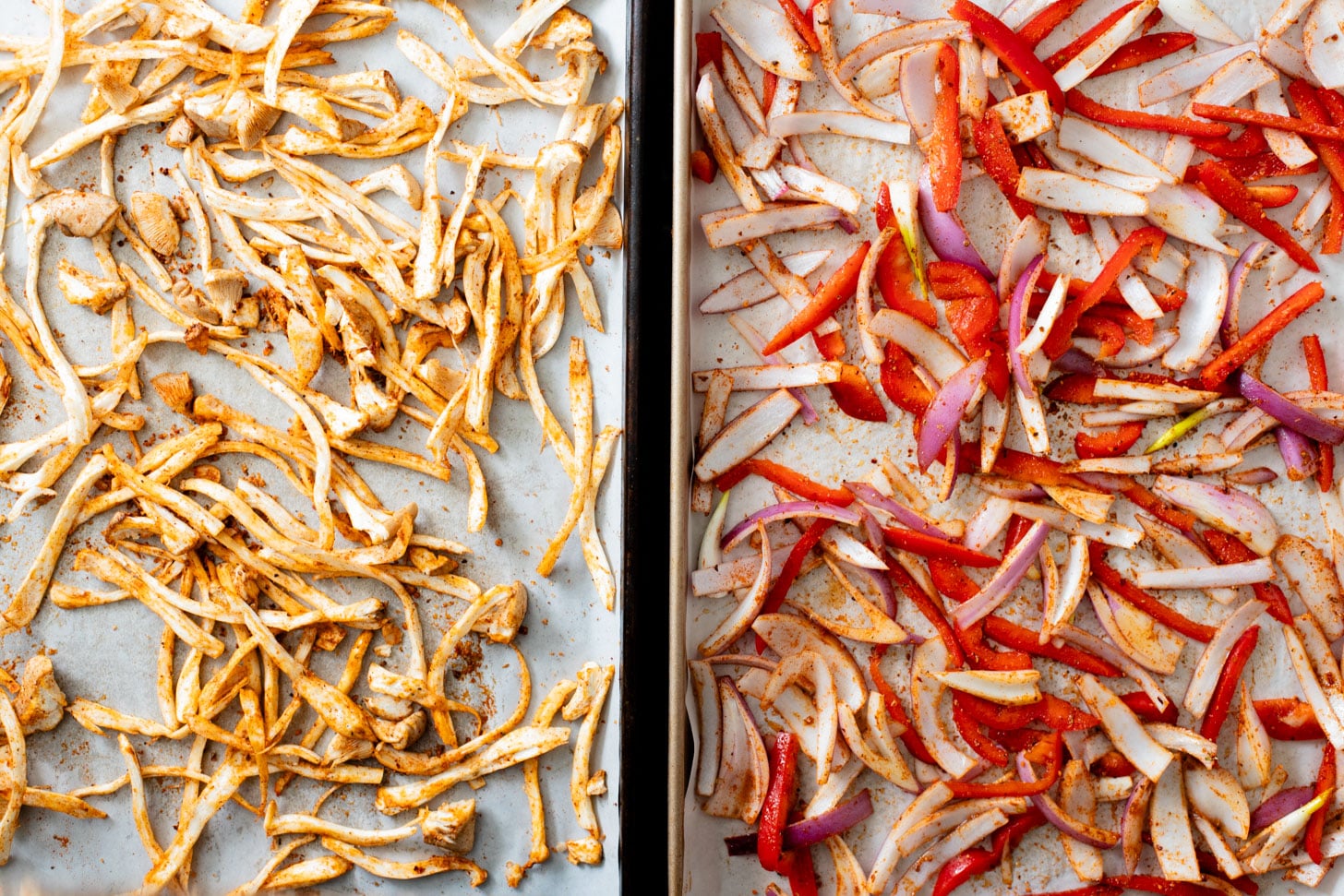 These Crispy Oyster Mushroom Tacos are a veggie dream! Roasted veggies are layered in corn tortillas & baked until crispy. Taco Tuesday goals | ThisSavoryVegan.com #thissavoryvegan #vegantacos #mushroomtacos