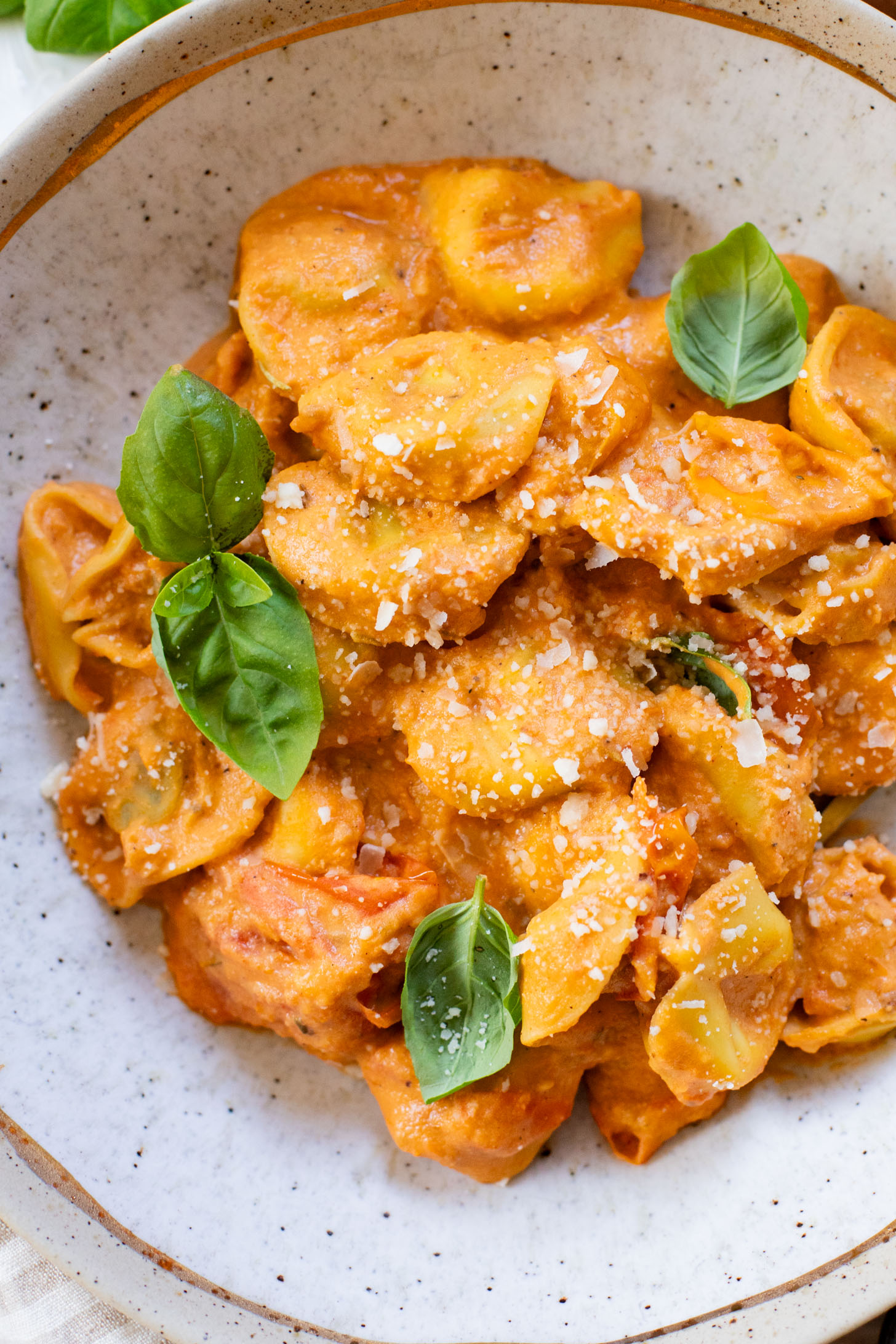 This Roasted Tomato Ricotta Tortellini is made with pre-made vegan tortellini and a simple & creamy tomato sauce! Perfect for date night | ThisSavoryVegan.com #thissavoryvegan #vegantortellini #valentinesdayrecipes