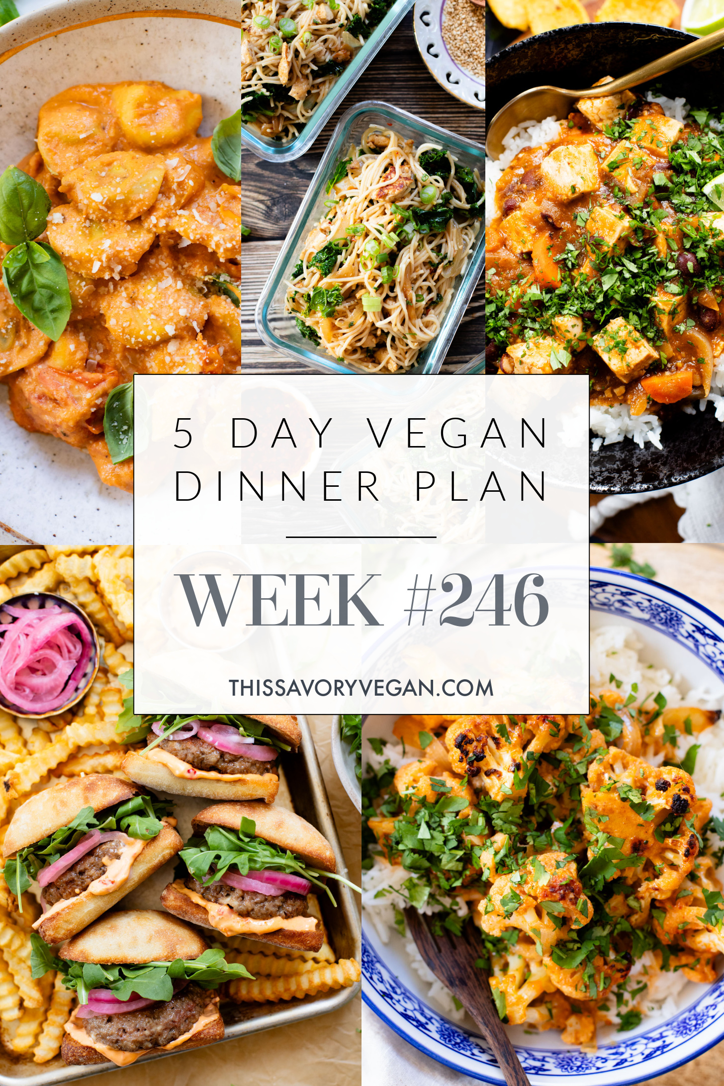Not sure what to make for dinner this week? I have you covered with 5 simple & delicious vegan dinner ideas! | Vegan Dinner Plan #246 | ThisSavoryVegan.com #dinnerplan #veganmealprep #vegandinnerplan