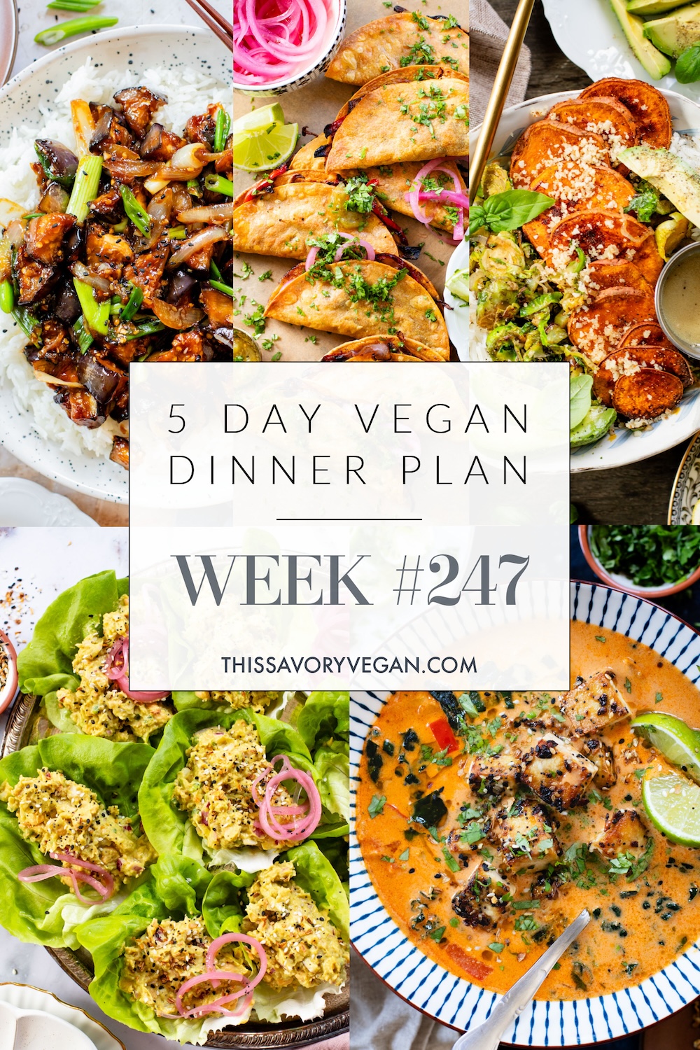 Not sure what to make for dinner this week? I have you covered with 5 simple & delicious vegan dinner ideas! | Vegan Dinner Plan #247 | ThisSavoryVegan.com #dinnerplan #veganmealprep #vegandinnerplan