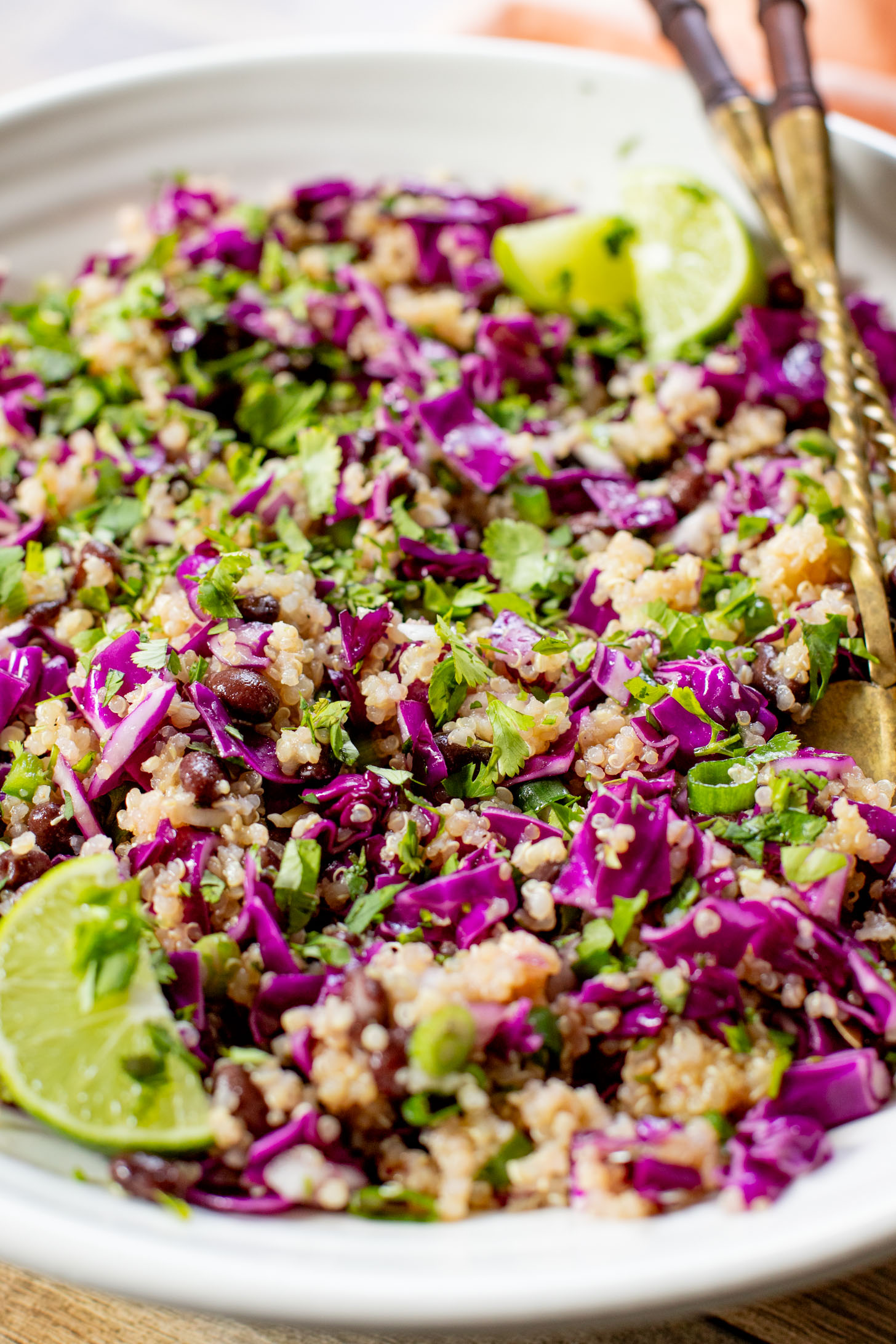 This Black Bean Quinoa Salad is filled with crunchy veggies, a light lime dressing, black beans and chilled quinoa. The perfect lunch or dinner | ThisSavoryVegan.com