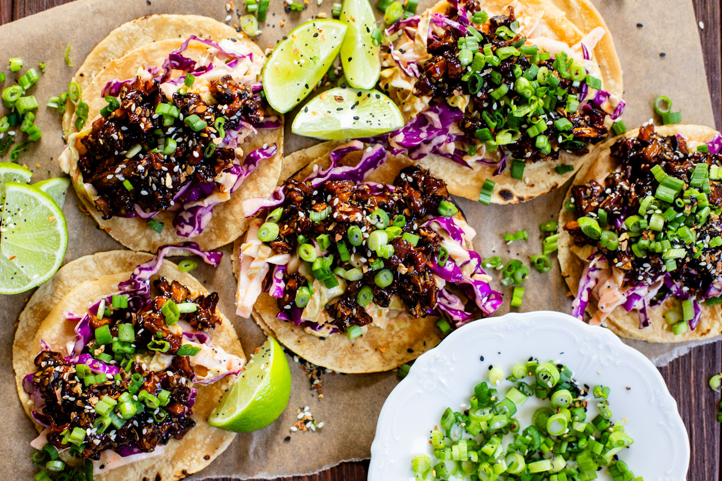 These Soyaki Mushroom Street Tacos are simple, delicious & vegan! Crispy mushrooms tossed in soyaki sauce & spicy slaw on mini corn tortillas | ThisSavoryVegan.com