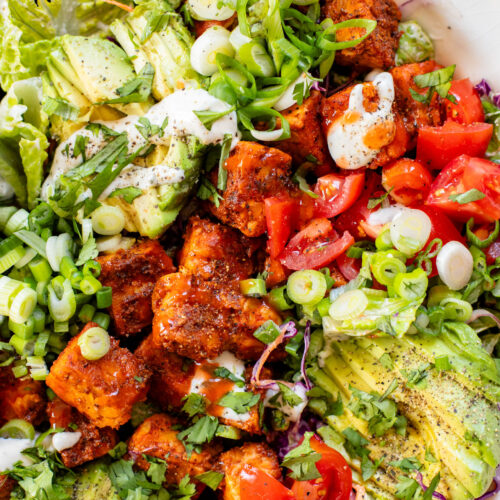 Loaded with crispy buffalo tempeh, vegan ranch and all the crunchy veggies, this Buffalo Tempeh Salad is a healthy, simple and delicious vegan salad | ThisSavoryVegan.com