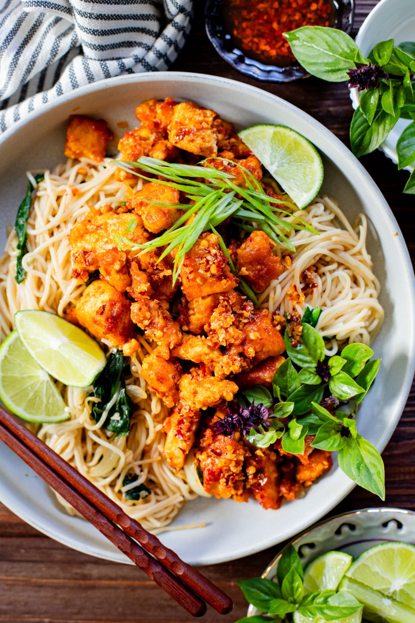 Chili Crunch Tofu & Spinach Rice Noodles This Savory Vegan