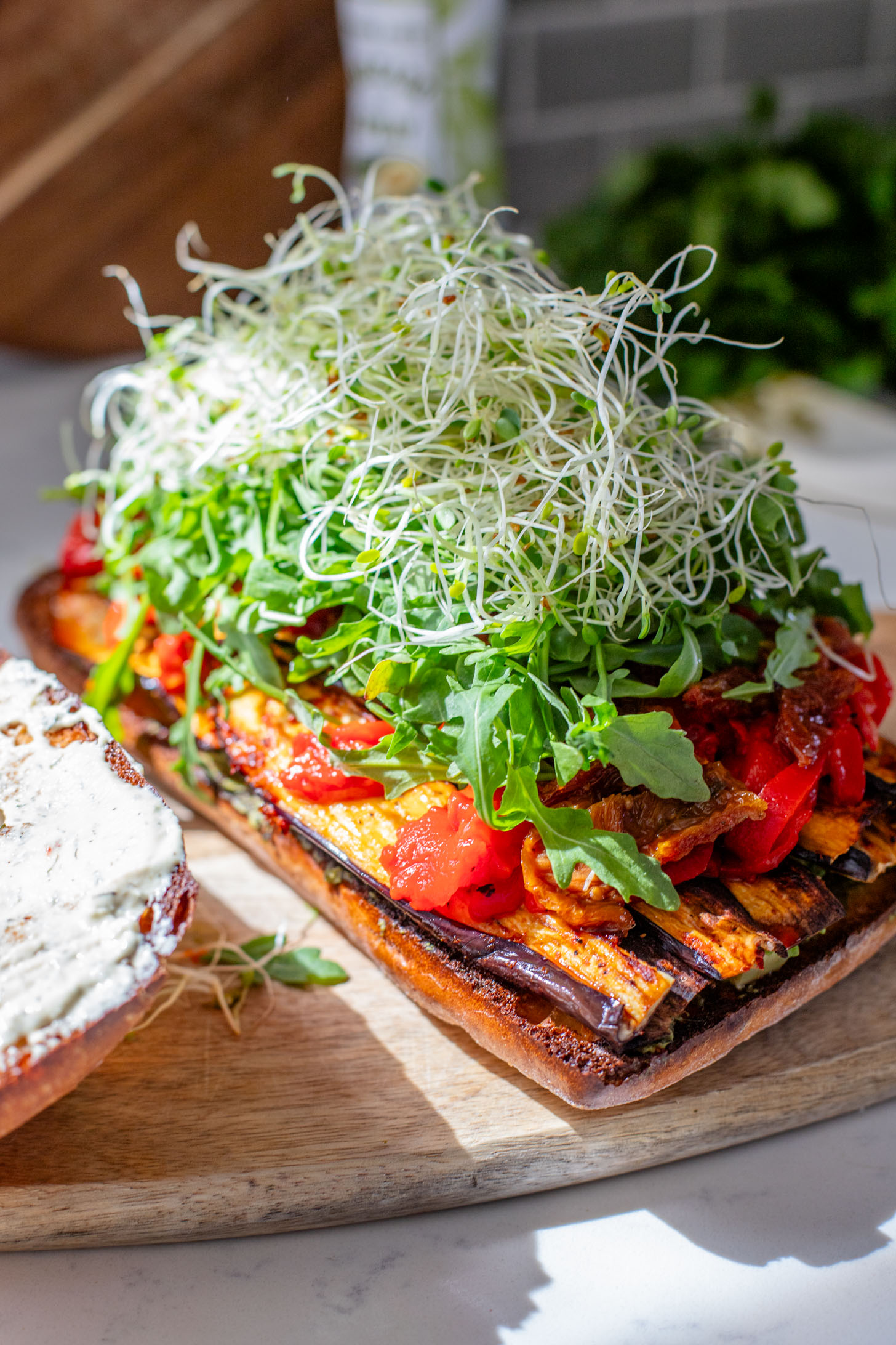 This Harissa Eggplant Picnic Sandwich is perfect for lunch outings. Made with ciabatta and layered with loads of veggies, pesto & tahini sauce | ThisSavoryVegan.com