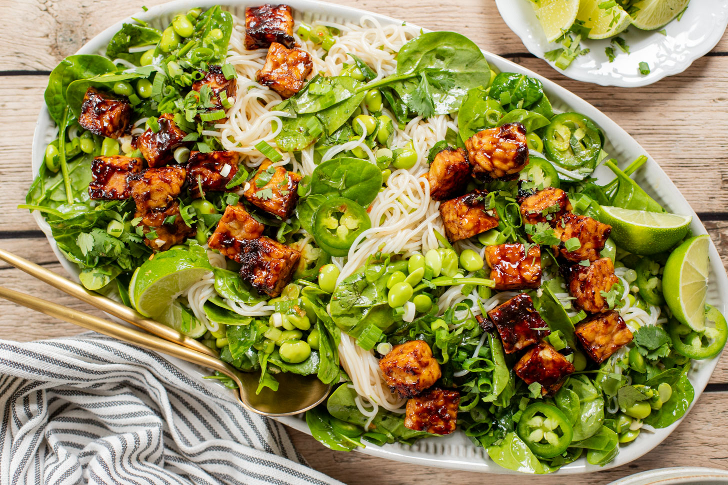 This Hoisin Tempeh Noodle Salad is high-protein, vegan & delicious! Perfect for meal prep or a quick dinner. Packed with veggies, noodles & crispy tempeh | ThisSavoryVegan.com