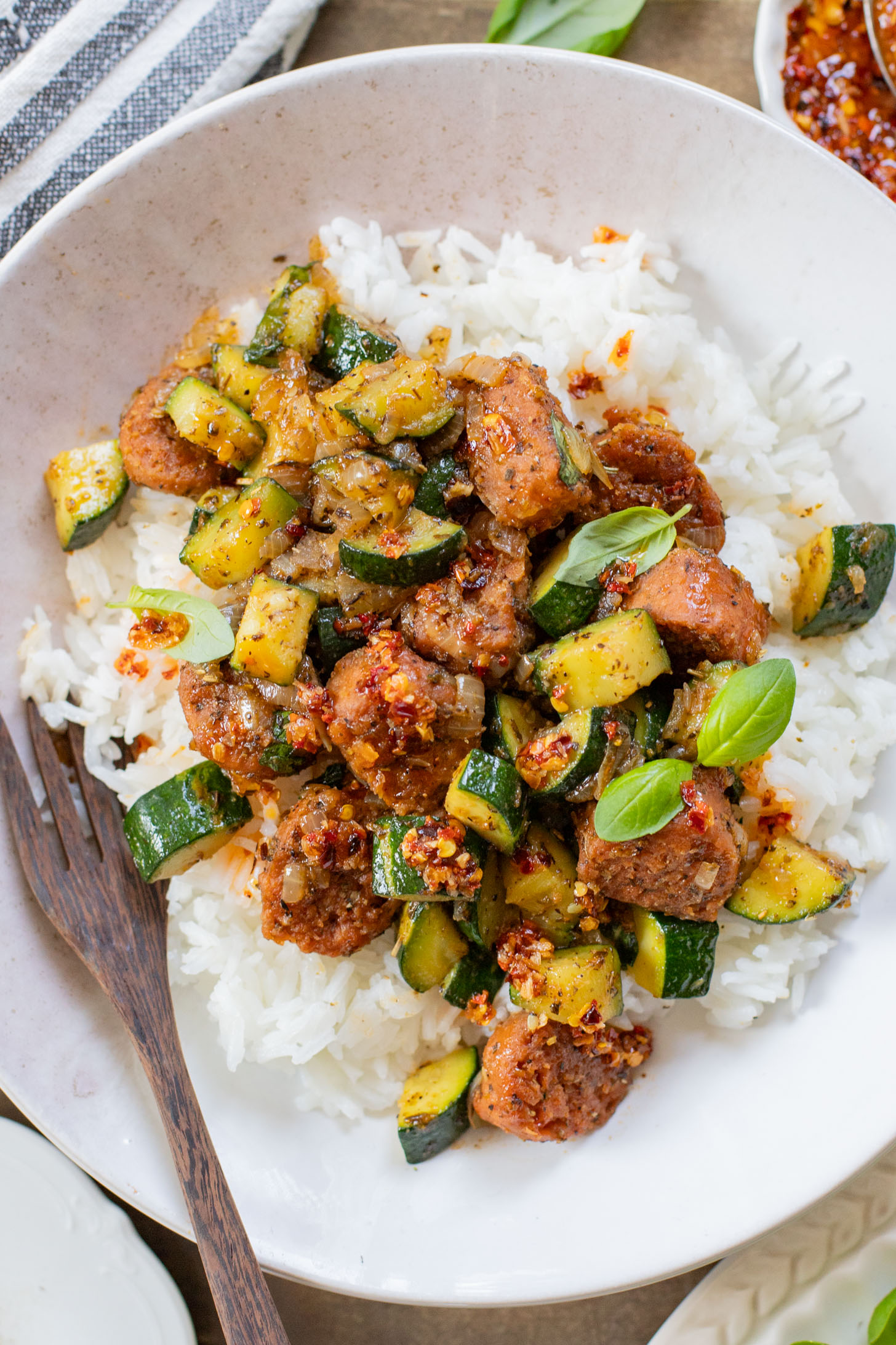 This Vegan Sausage & Zucchini Skillet is a healthy, high-protein vegan dinner idea. Serve over rice for a simple meal ready in less than 30 minutes | ThisSavoryVegan.com