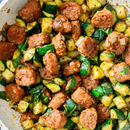 This Vegan Sausage & Zucchini Skillet is a healthy, high-protein vegan dinner idea. Serve over rice for a simple meal ready in less than 30 minutes | ThisSavoryVegan.com