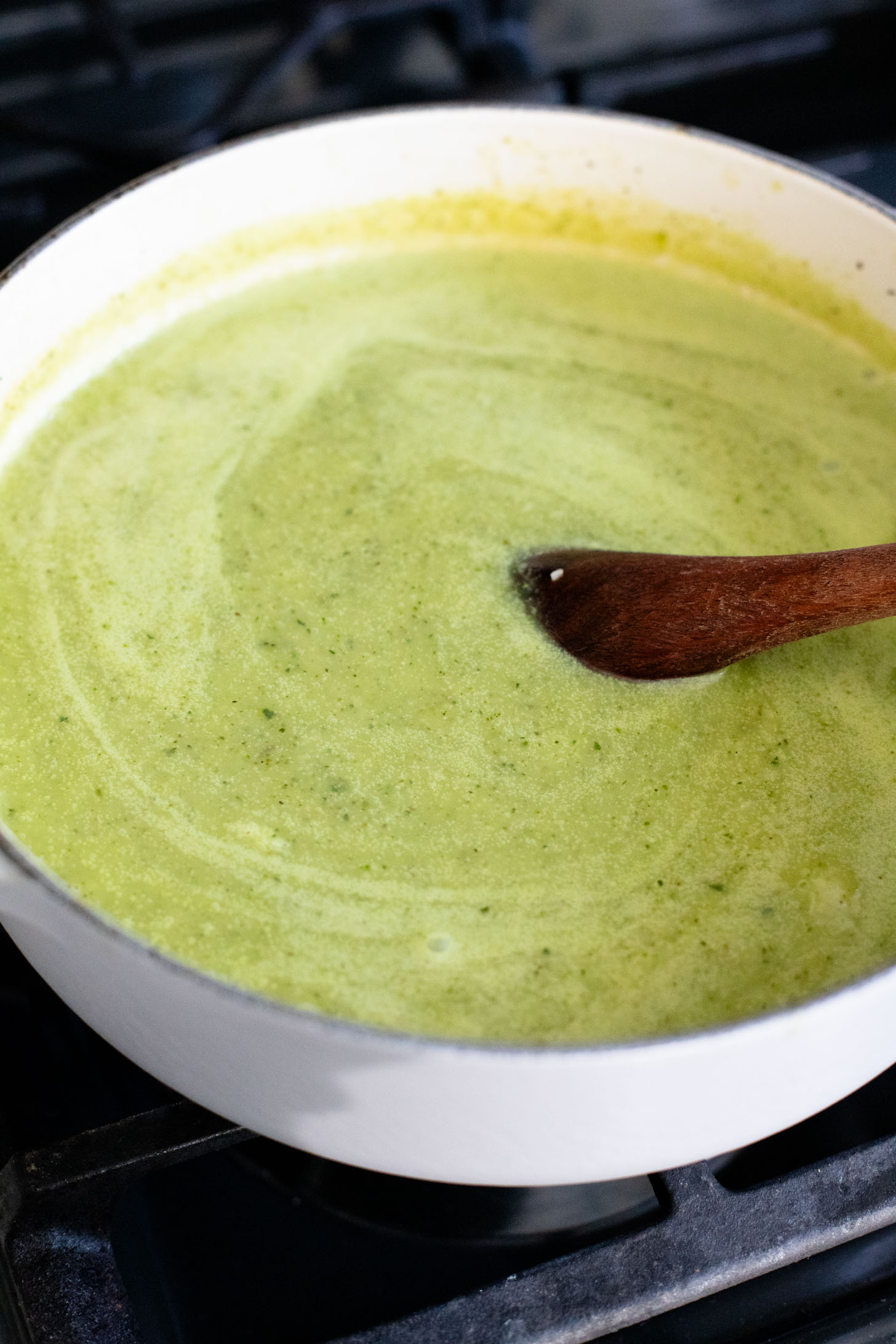 This Creamy Zucchini Pesto Soup is 100% dairy-free! A creamy pesto, & zucchini base is mixed with orzo for the perfect bite | ThisSavoryVegan.com