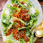 This Little Gem Vegan Ranch Salad is loaded with crisp lettuce, creamy vegan ranch, sunflower seeds and crispy harissa chickpeas | ThisSavoryVegan.com