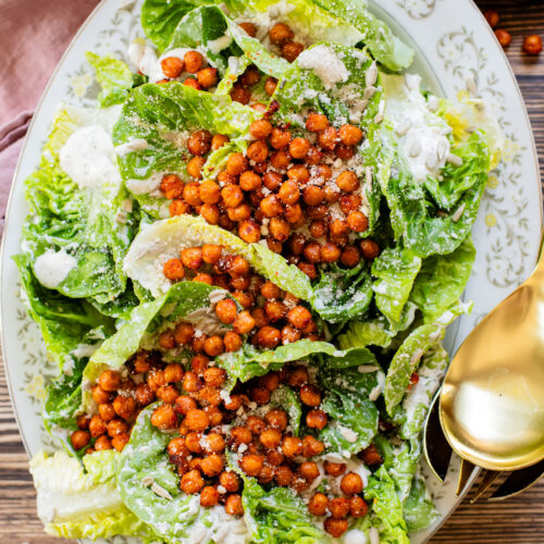 This Little Gem Vegan Ranch Salad is loaded with crisp lettuce, creamy vegan ranch, sunflower seeds and crispy harissa chickpeas | ThisSavoryVegan.com