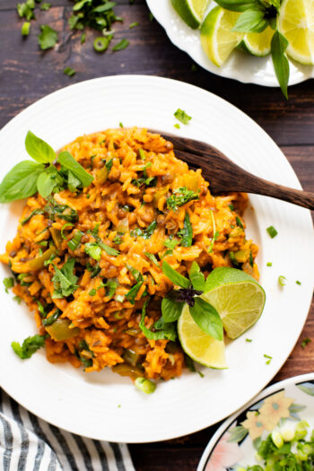 This One-Pot Curried Lentils & Rice is the perfect vegan weeknight dinner. Filled with Thai-inspired flavors and ready in 30 minutes | ThisSavoryVegan.com