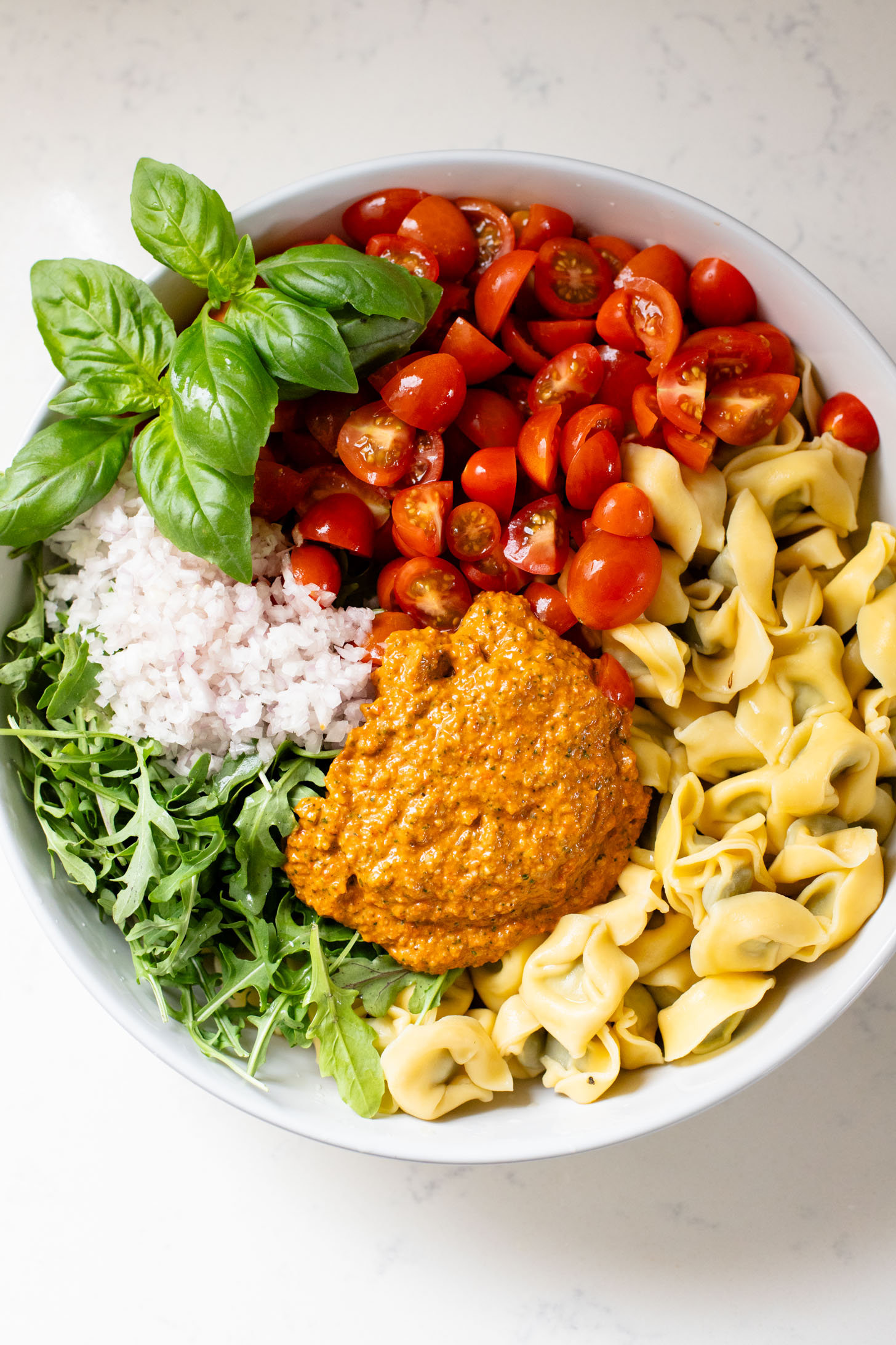 This Pesto Tortellini Pasta Salad is made with a vegan red pepper pesto, tomatoes & arugula. A great vegan side dish for a BBQ | ThisSavoryVegan.com