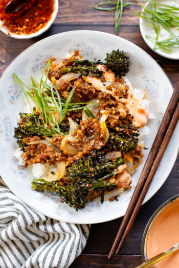 This Sheet Pan Beef & Broccoli is a super easy vegan weeknight dinner. Everything is made on one sheet pan and served with spicy mayo & chili crunch | ThisSavoryVegan.com
