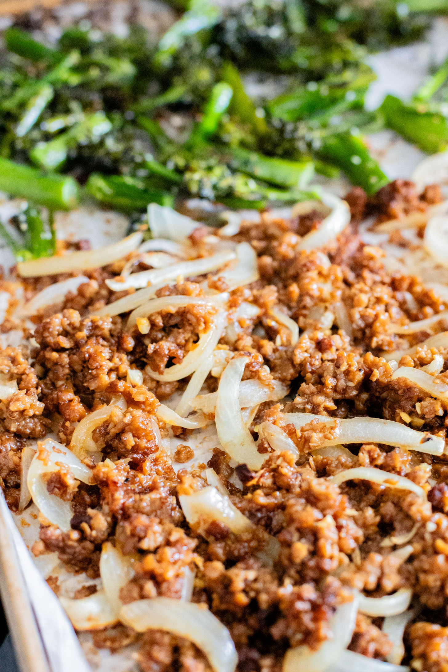This Sheet Pan Beef & Broccoli is a super easy vegan weeknight dinner. Everything is made on one sheet pan and served with spicy mayo & chili crunch | ThisSavoryVegan.com