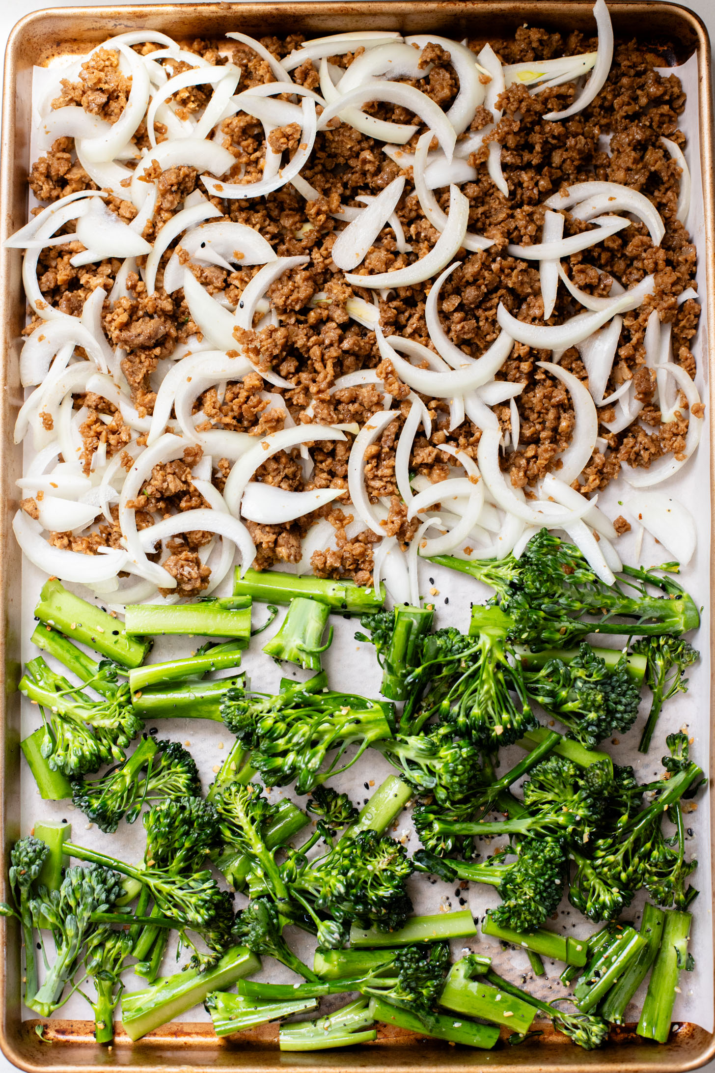 This Sheet Pan Beef & Broccoli is a super easy vegan weeknight dinner. Everything is made on one sheet pan and served with spicy mayo & chili crunch | ThisSavoryVegan.com