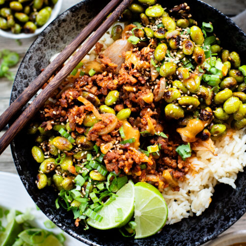 This Sheet Pan Red Curry Vegan Beef is the perfect weeknight dinner! Served with coconut rice, crispy edamame and spicy peanut sauce | ThisSavoryVegan.com