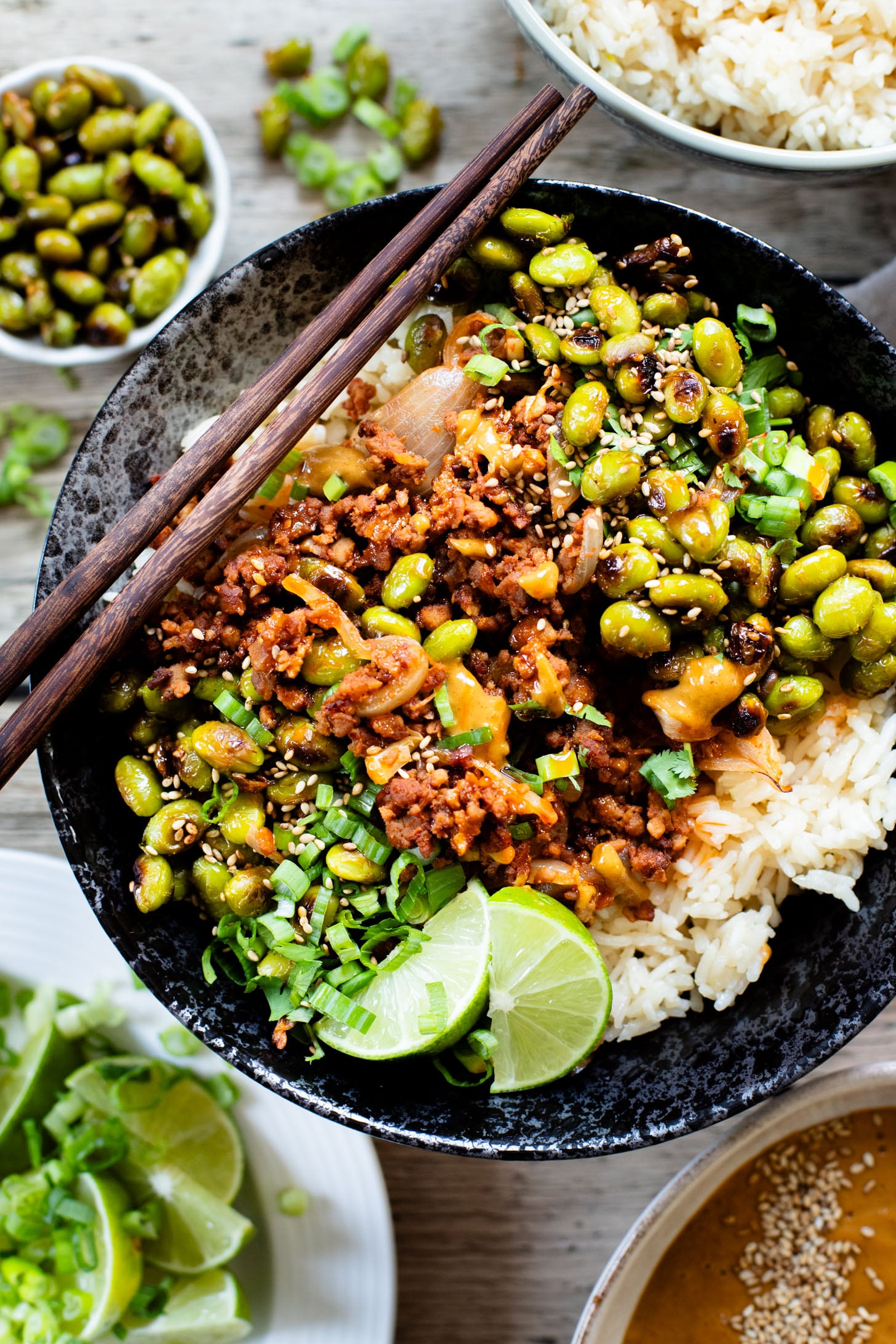 This Sheet Pan Red Curry Vegan Beef is the perfect weeknight dinner! Served with coconut rice, crispy edamame and spicy peanut sauce | ThisSavoryVegan.com