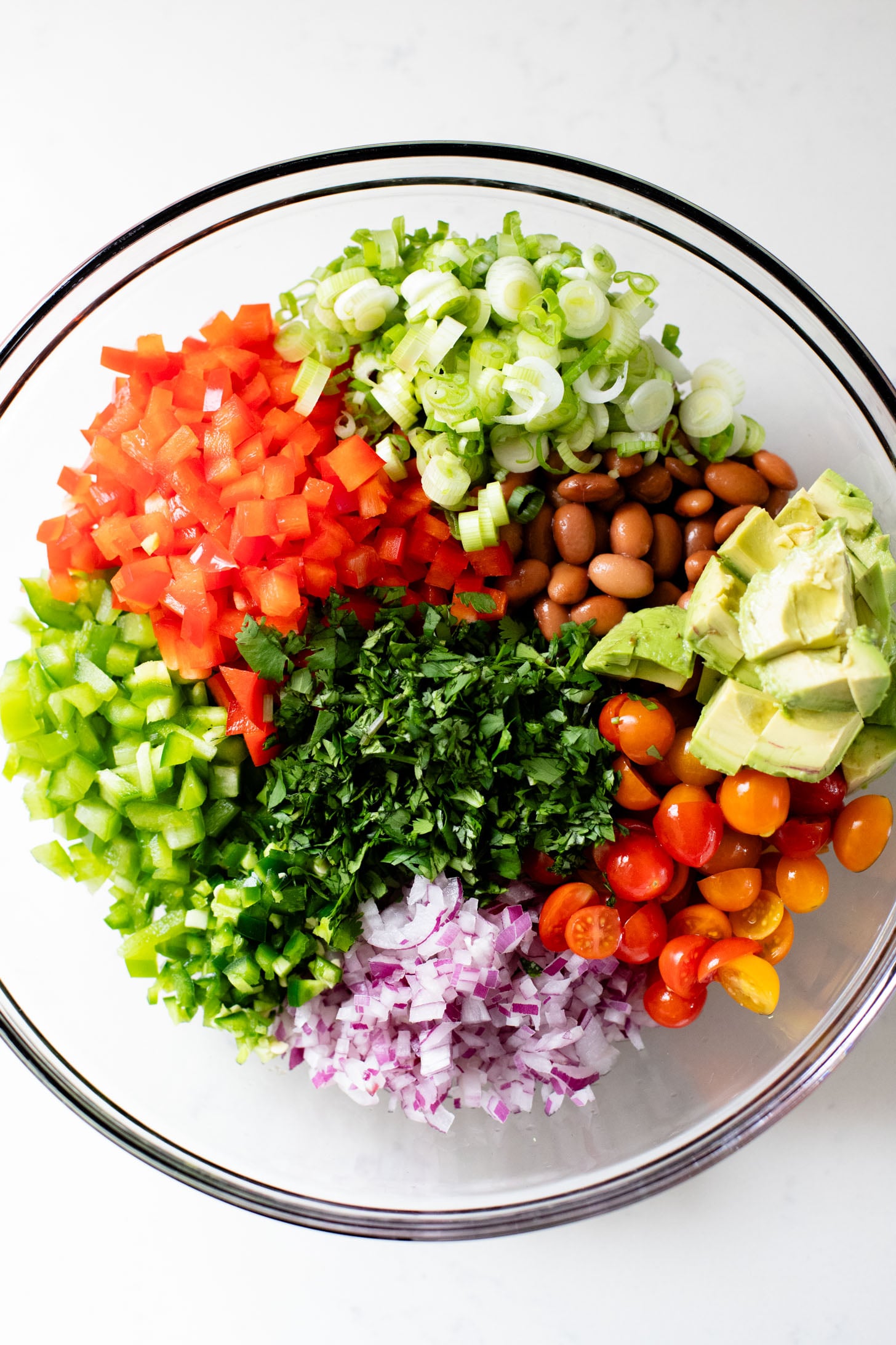This Simple Pinto Bean Salad is a mix of canned beans, crunchy veggies, avocado chunks and a chipotle chili lime dressing | ThisSavoryVegan.com