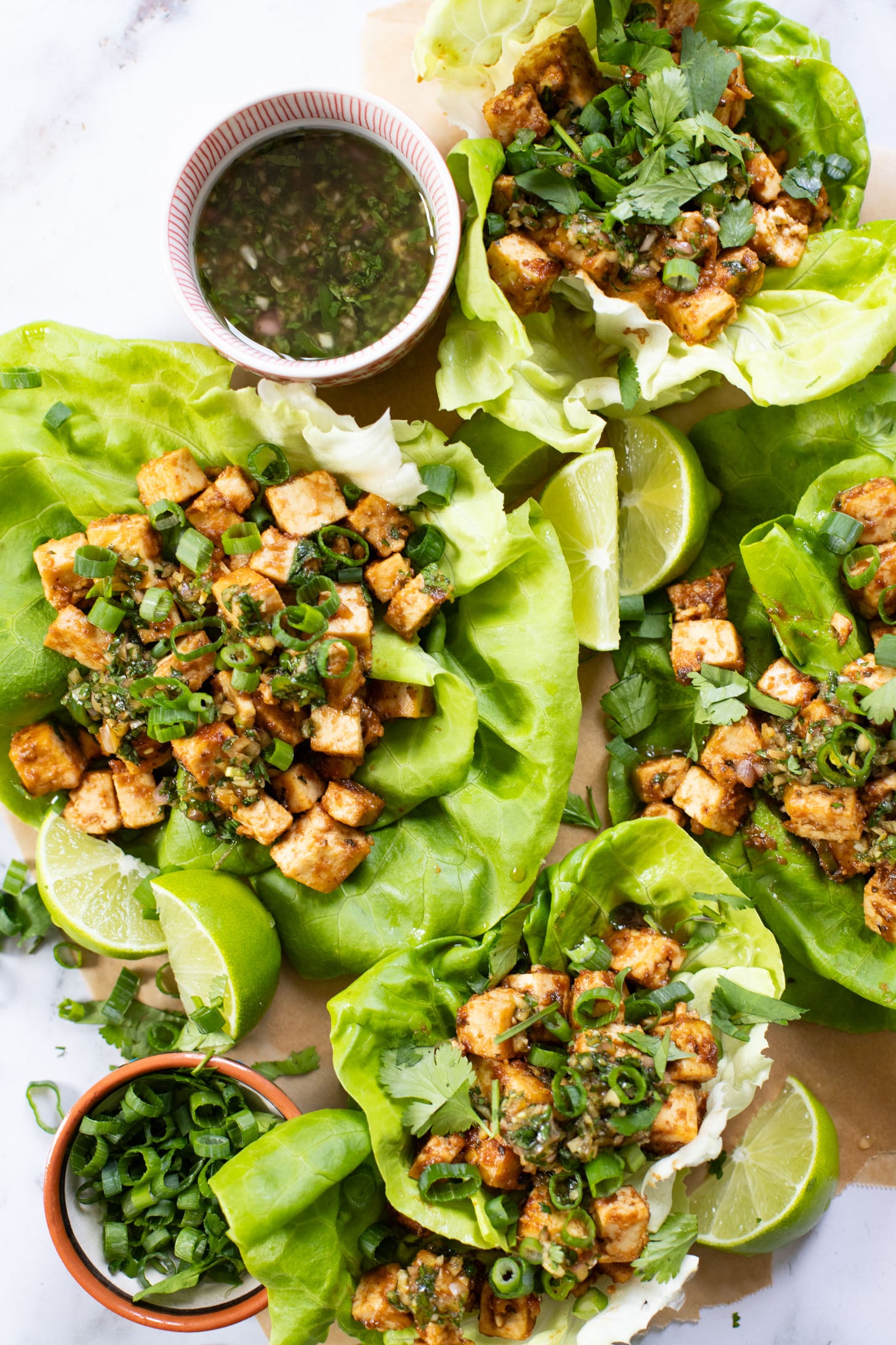 Layered with crispy peanut tofu, a spicy asian sauce and plenty of fresh herbs, these Tofu Lettuce Wraps are bright, easy and filling | ThisSavoryVegan.com