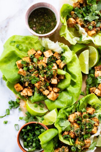 Layered with crispy peanut tofu, a spicy asian sauce and plenty of fresh herbs, these Tofu Lettuce Wraps are bright, easy and filling | ThisSavoryVegan.com