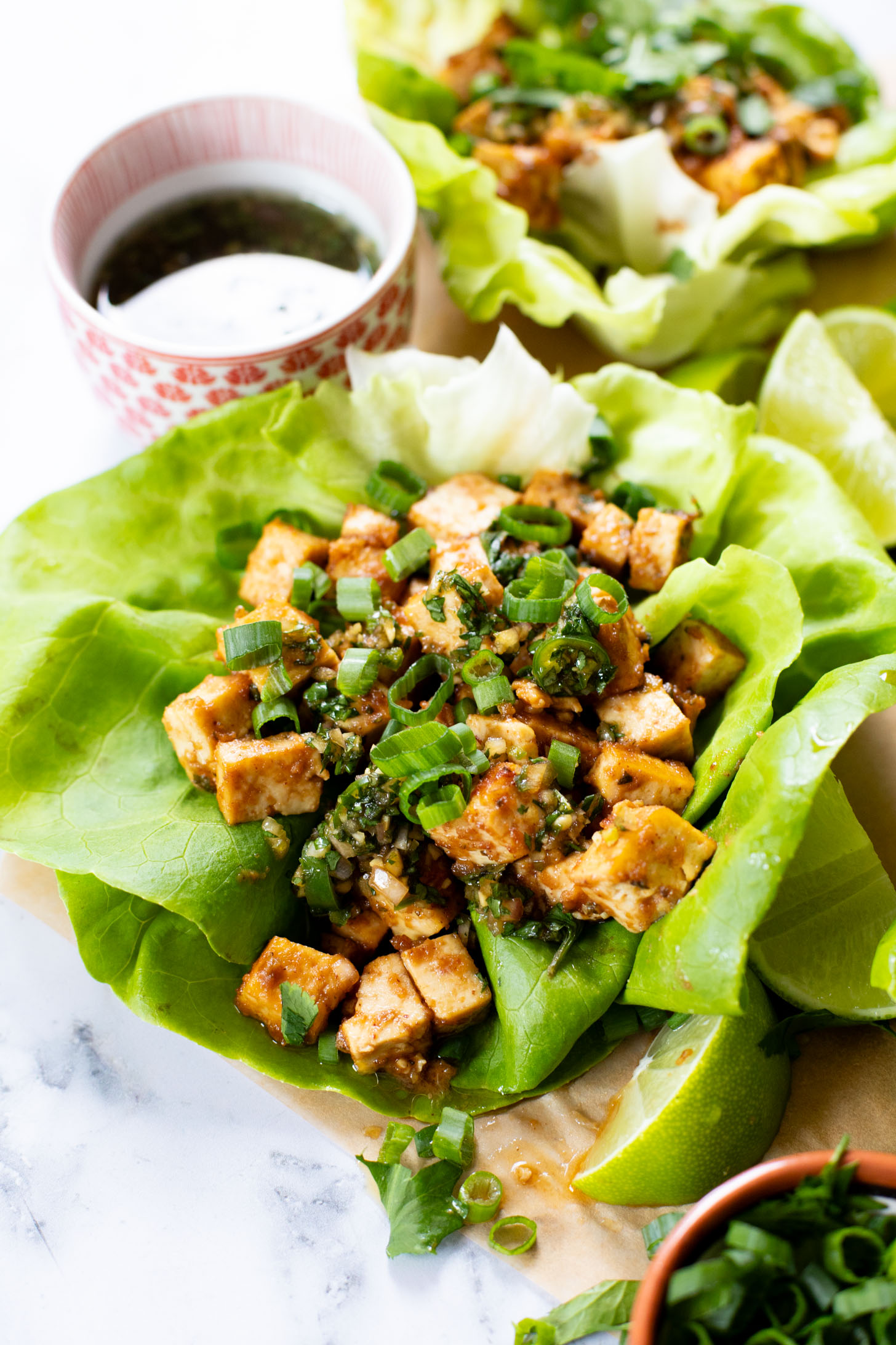 Layered with crispy peanut tofu, a spicy asian sauce and plenty of fresh herbs, these Tofu Lettuce Wraps are bright, easy and filling | ThisSavoryVegan.com