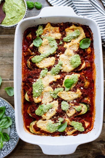 These Vegan Lasagna Zucchini Boats are a low-carb, dairy-free way to enjoy your favorite lasagna flavors! Served with an oil-free pesto | ThisSavoryVegan.com