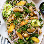 This Fingerling Potato & Lentil Salad is layered with crunchy kale, roasted potatoes, chilled lentils, avocado & a lemon chive dressing | ThisSavoryVegan.com