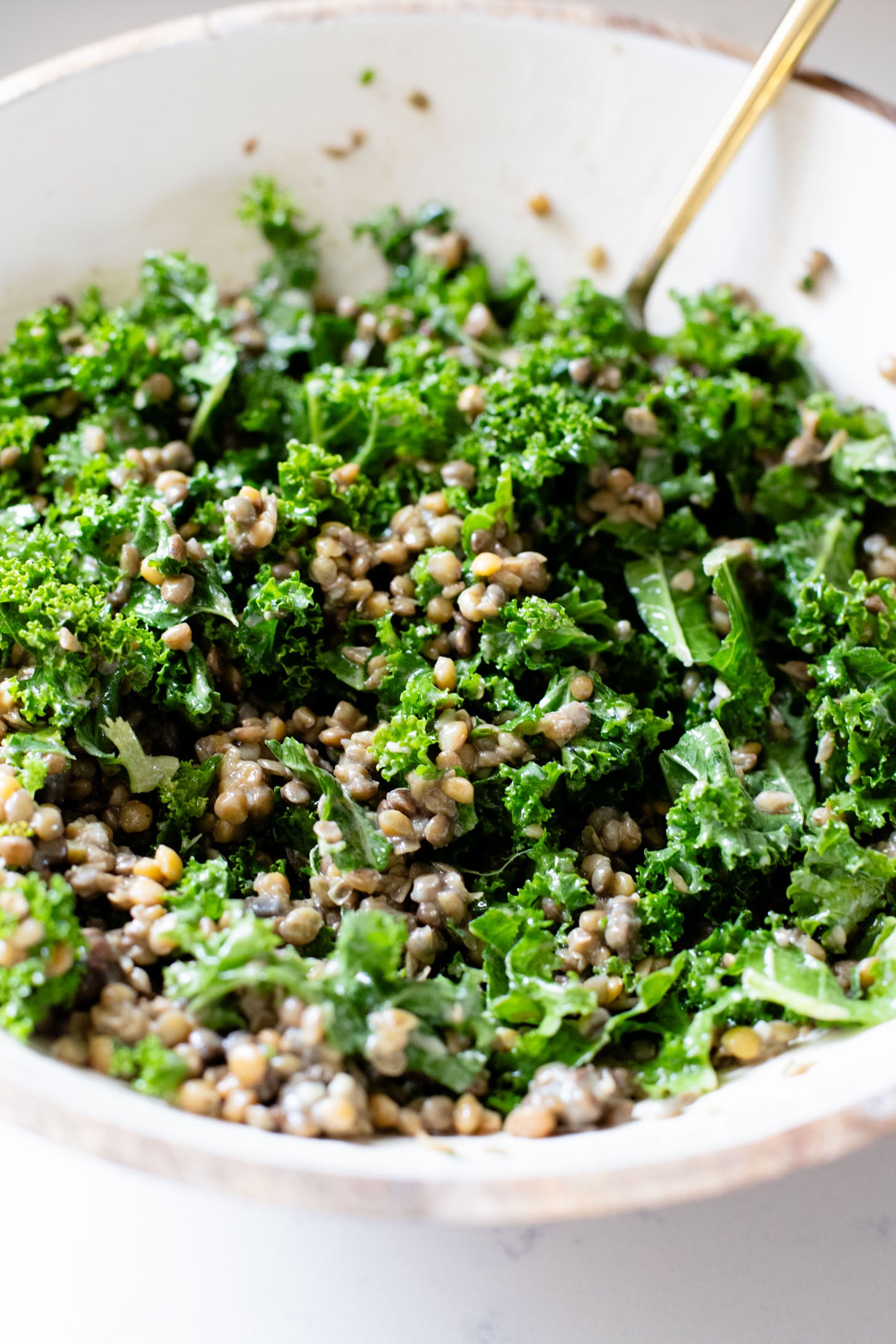 This Fingerling Potato & Lentil Salad is layered with crunchy kale, roasted potatoes, chilled lentils, avocado & a lemon chive dressing | ThisSavoryVegan.com