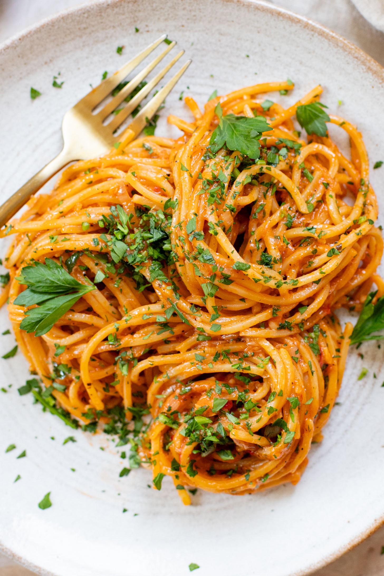 This Caramelized Shallot Pasta is creamy and delicious. Shallots are cooked down until soft and then transformed into a creamy vegan tomato sauce | ThisSavoryVegan.com