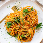 This Caramelized Shallot Pasta is creamy and delicious. Shallots are cooked down until soft and then transformed into a creamy vegan tomato sauce | ThisSavoryVegan.com