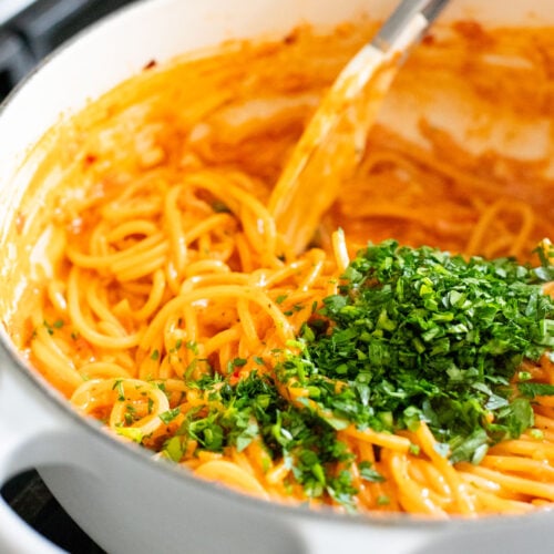 This Caramelized Shallot Pasta is creamy and delicious. Shallots are cooked down until soft and then transformed into a creamy vegan tomato sauce | ThisSavoryVegan.com